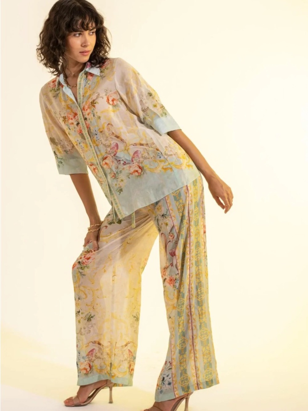 Wide-Leg Pants Set in Soft Yellow and Light Blue